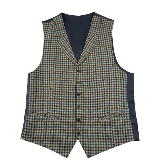 Suitsupply Brown Blue Checked E.Thomas Wool Linen SilkWaistcoat Size 40R